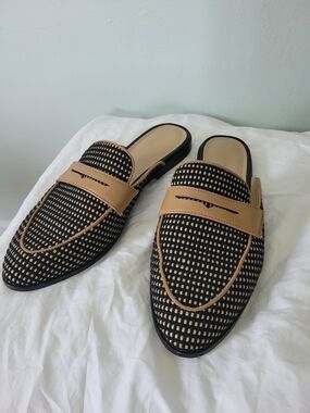 Ann Taylor Black and Tan Woven Backless Loafers Women's 10